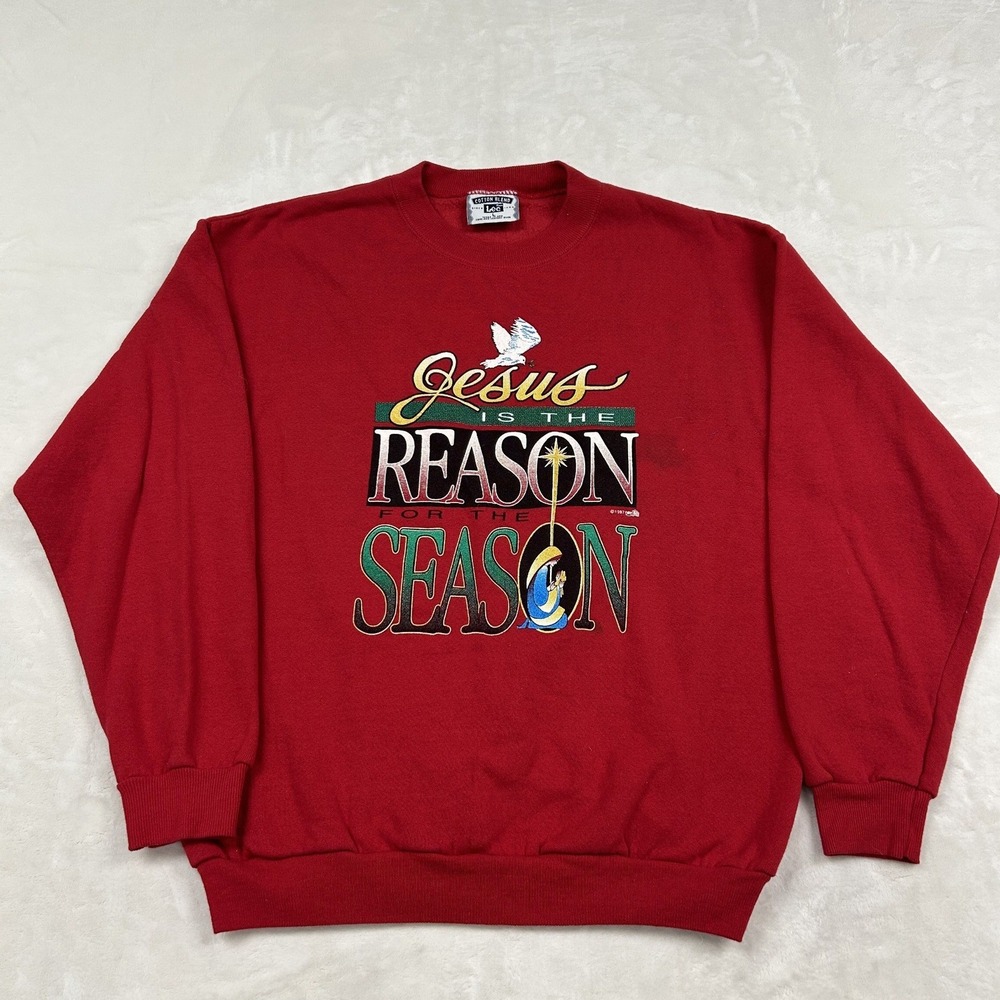 Lee Sweatshirt Unisex L Red Jesus Is The Reason For The Season Vintage 90s USA